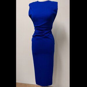 ZARA, Electric Blue, Ruched-waist, Midi, Wide-shoulders Dress, Size: S